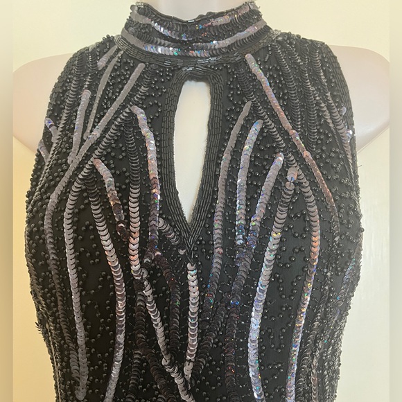 Jakelin Silk Sleeveless Beaded Gown with High Neck, Keyhole Front, and Open Back - Picture 4 of 14